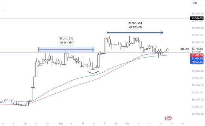 A Bitcoin (BTCUSD) daily candlestick chart shows price holding above a key support level near $81,624 with two resistance ranges marked ("25 bars, 25d Vol 163.83K" at ~$85K and "25 bars, 25d Vol 139.67K" at ~$87K), illustrating the post's claim that BTC never had a daily close under $81K despite last week's inflation data, stocks decline, and oil price spike—evidence of a real bull market holding key support.