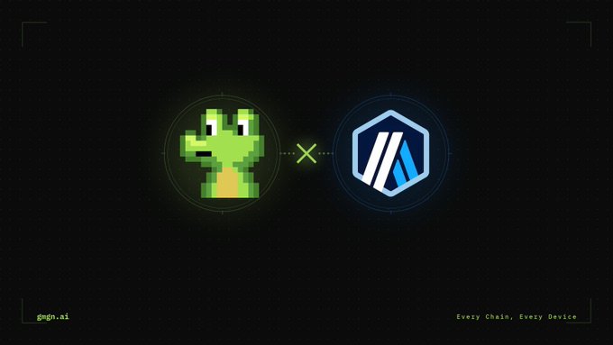 A promotional graphic displays a pixelated green dragon avatar alongside a blue hexagonal logo, with text reading 'gmgn.ai' and 'Every Chain, Every Device' at the bottom.