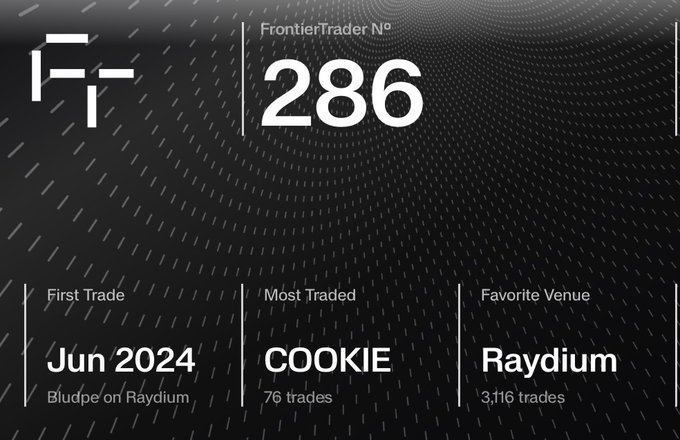 A 'FrontierTrader' profile card displays the number '286', with stats showing 'First Trade: Jun 2024' on 'Bludpe on Raydium', 'Most Traded: COOKIE' (76 trades), and 'Favorite Venue: Raydium' (3,116 trades).