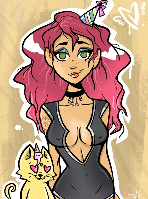 A digital illustration of a red-haired woman wearing a party hat and a black cutout dress, standing next to a yellow cat with heart eyes.