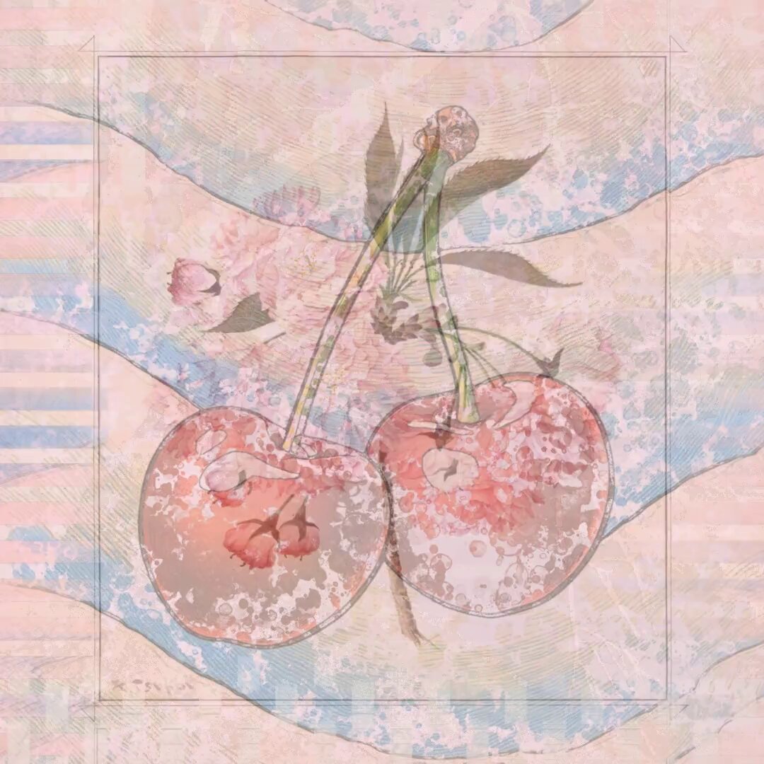 The image features a close-up of two cherries, both of which are pink in color. The cherries have been artistically rendered using watercolor techniques, giving them an impression of being in mid-air or floating. The background is a light blue color with white stripes running across it, providing a contrasting backdrop for the cherries and adding depth to the image.