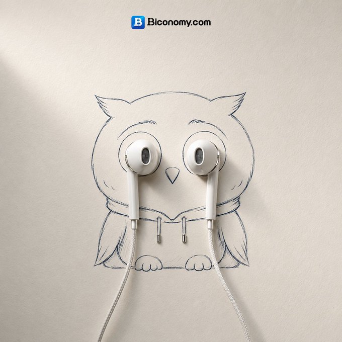 An advertisement for Bconomy.com featuring a pencil sketch of an owl with white wired earbuds placed over its eyes on a textured cream background.
