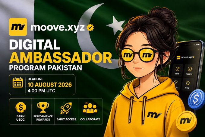 Applications for the Moove.xyz Digital Ambassador Program Pakistan, with a deadline of August 10, 2026, are closing soon. The image visually promotes this opportunity against a backdrop of the Pakistani flag and features elements like USDC currency and a smartphone app.