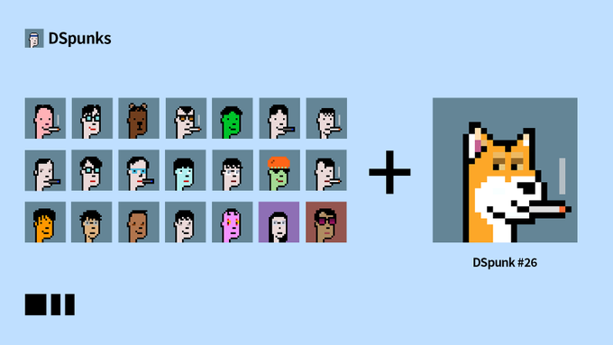 DSpunks NFT collection showcase displaying pixel-art character portraits alongside DSpunk #26 featuring a fox.