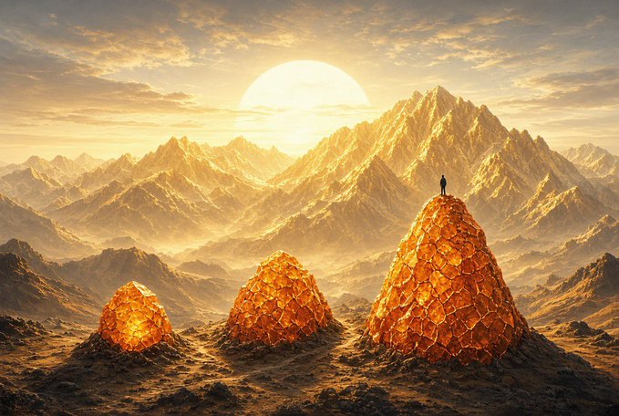 A fantasy digital artwork depicting a person standing atop a large glowing orange crystal formation, with two smaller crystals nearby, set against a mountainous landscape at sunset.