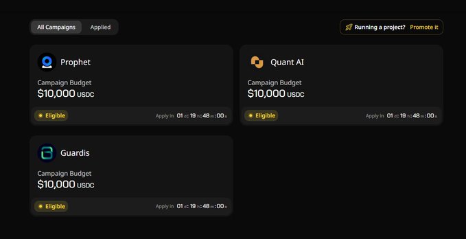 The image shows a screenshot of a website called "Wallchain" that has four different campaigns displayed, each with its own price tag. The campaigns are labeled as "Campaign Budget", "Campaign Budget Usec", "Campaign Budget $10,000 Usc", and "Campaign Budget $1,000 usc". These campaigns offer various opportunities for users to create and manage their own targeted creator campaigns based on specific criteria such as budget, engagement groups, or target audience. The post suggests that the Wallchain Select program is available, which allows users to access these campaigns by entering their X score.