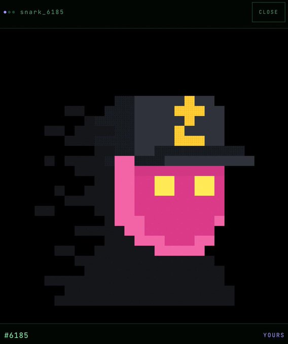 Pixel art image showing a pink face with yellow eyes wearing a black hat with a yellow number '2' on it, labeled 'snark_6185' with '#6185' and 'YOURS' visible.