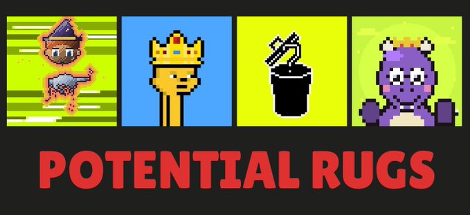 A pixel art-style image displays four NFT project icons—a lion, a crowned character, a spray can, and a purple bear—each in its own colored square, with bold red text below reading "POTENTIAL RUGS." The image visually represents the post's warnings about suspicious NFT projects, with each icon likely corresponding to one of the mentioned collections like LilDragons, Meowznfts, Robinhood, and RektBabies, serving as a cautionary graphic for potential scams.