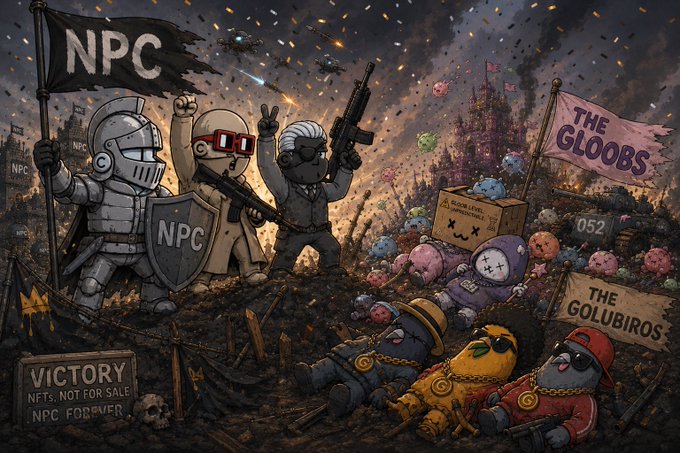 A digital artwork depicting a battle scene with characters holding 'NPC' and 'THE GLOOBS' flags, featuring knights and cartoonish figures amid debris.