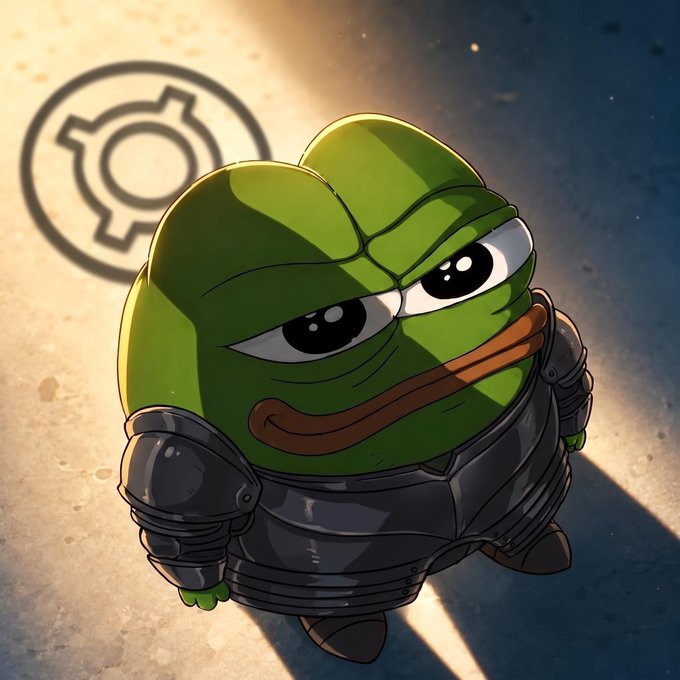 A cartoonish Pepe-style green frog clad in black armor glares confidently upward, with a gear-like Frax logo etched behind it in the dust, visually symbolizing the post's declaration of the "Frax era" arriving as the bear market ends and a stablecoin supercycle takes hold.