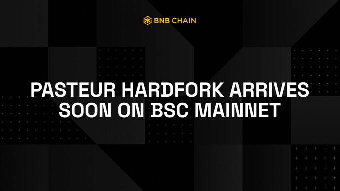 A BNB Chain announcement graphic with a black-and-gray checkered background displays the headline "PASTEUR HARDFORK ARRIVES SOON ON BSC MAINNET" in bold white text, accompanied by the BNB Chain logo at the top. The image visually promotes the upcoming Pasteur hard fork activation on the Binance Smart Chain mainnet, which the post explains will occur on August 25 and requires node operators to update to v1.7.7.