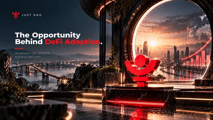 A promotional graphic with the 'JUST DAO' logo and the headline 'The Opportunity Behind DeFi Adoption. INNOVATION MEETS ACCESSIBILITY', showing a futuristic circular portal overlooking a sunset cityscape.