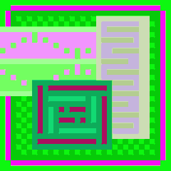A pixel art graphic showing a pink and green abstract design with gray rectangles resembling a stylized document or interface.