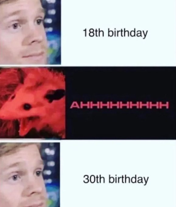 A three-panel meme featuring the "Shocked Blonde Kid" meme format, showing his calm expression at an "18th birthday" followed by a screaming red-tinted version labeled "AHHHHHHHH," and then his same calm expression again for "30th birthday," humorously suggesting that aging from 18 to 30 feels no different from the shock of turning 18 itself.