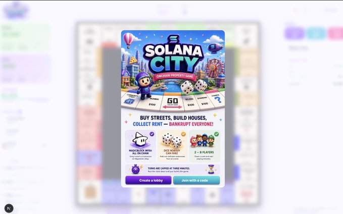 A mobile game interface for 'SOLANA CITY', a Monopoly-style game, displaying options to 'BUY STREETS, BUILD HOUSES' and showing rules like '2 - 8 PLAYERS'.