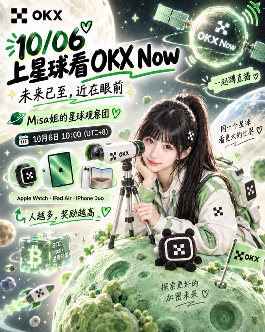 An OKX promotional poster in Chinese features '10/06', '上星球看OKX Now', and showcases prizes including Apple Watch, iPad Air, and iPhone Duo, dated 10月6日 10:00 (UTC+8).