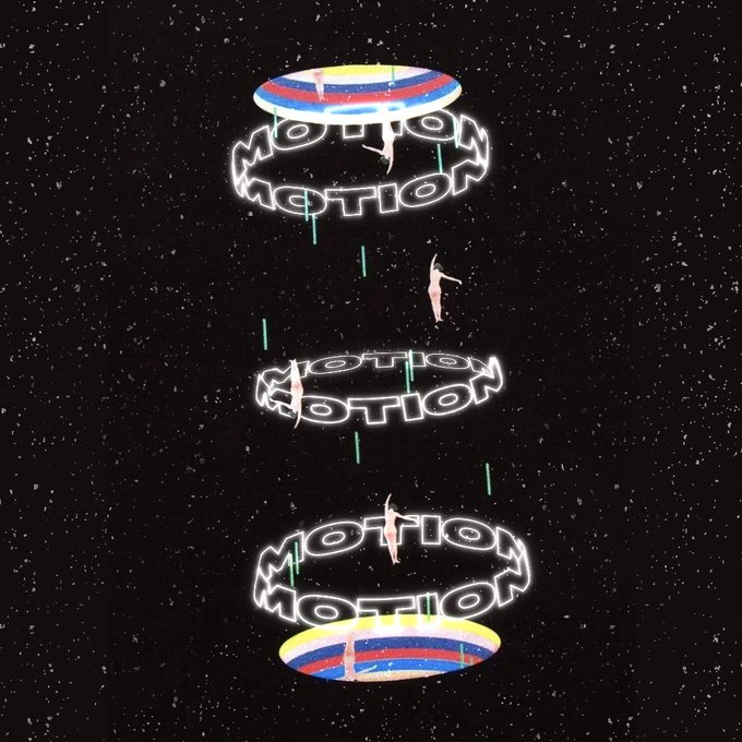 A digital graphic against a starry black background features stacked, glowing white rings spelling the word "MOTION" alongside a colorful striped UFO-like object.