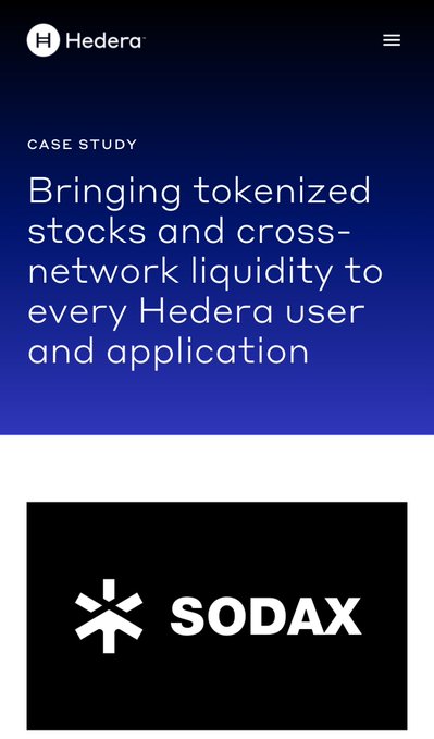 A screenshot from the Hedera website showing a case study with the text 'Bringing tokenized stocks and cross-network liquidity to every Hedera user and application' above the SODAX logo.