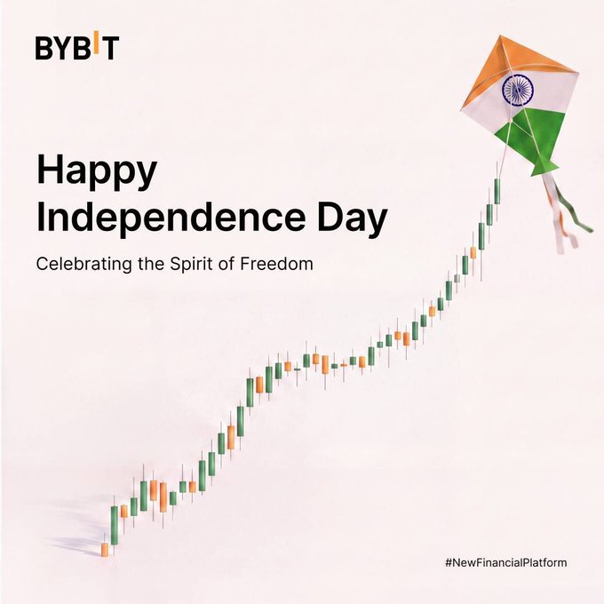 A 'Happy Independence Day' greeting from BYBIT with the tagline 'Celebrating the Spirit of Freedom', featuring a green and orange candlestick chart ascending into a kite decorated with the colors of the Indian flag.