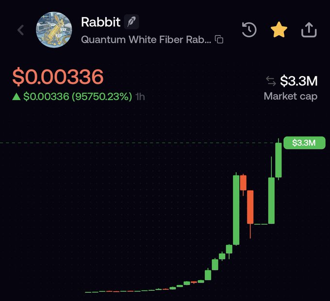 A cryptocurrency price chart for 'Rabbit' (Quantum White Fiber Rab...) showing a price of $0.000336, up 95,750.23%, with a market cap of $3.3M and a recent upward candlestick trend.