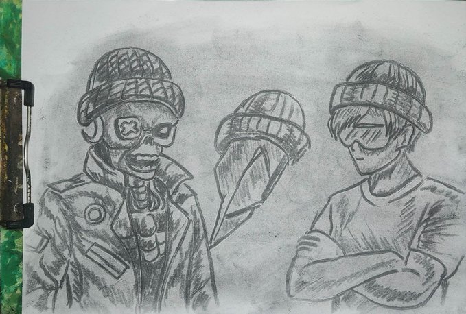 A charcoal and wax sketch depicting a skeletal robot with an "X" eye patch in a beanie and trench coat, a floating beanie-wearing figure, and a sunglasses-wearing man with crossed arms, framed by a green splattered border. The shading-heavy, monochromatic style reflects the post's description of figures emerging from darkness, while the hats and hoodie hint at the crypto/WIF aesthetic referenced in the caption.