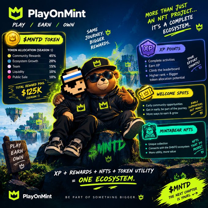 PlayOnMint promotional poster featuring the $MNTD token with Season 1 token allocation (Community 45%, Ecosystem 20%, Team 15%, Liquidity 10%, Public Sale 10%) and a total reward pool of $125K, alongside XP points, welcome spots, and Mintabear NFTs.