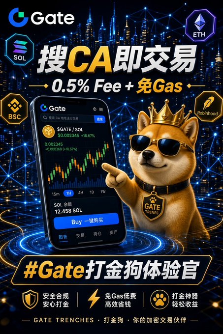 Advertisement for Gate crypto exchange featuring a Shiba Inu mascot wearing sunglasses and a crown, promoting '搜CA即交易' (Search CA to trade) with 0.5% fee and free gas, showing the Gate app interface for $GATE/SOL trading.