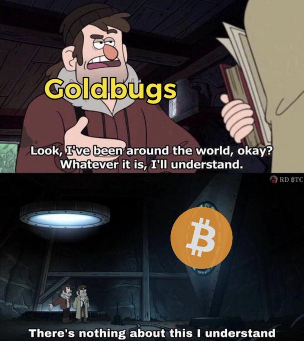 A two-panel meme using Gravity Falls characters, with text reading 'Goldbugs', 'Look, I've been around the world, okay? Whatever it is, I'll understand.', and 'There's nothing about this I understand' beneath a Bitcoin logo.