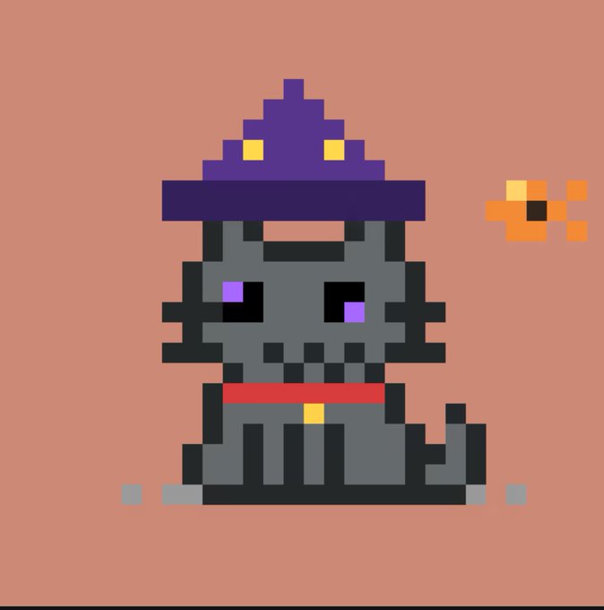 A pixel art illustration of a gray cat wearing a purple wizard hat with yellow accents, accompanied by a small orange fish on a peach background.