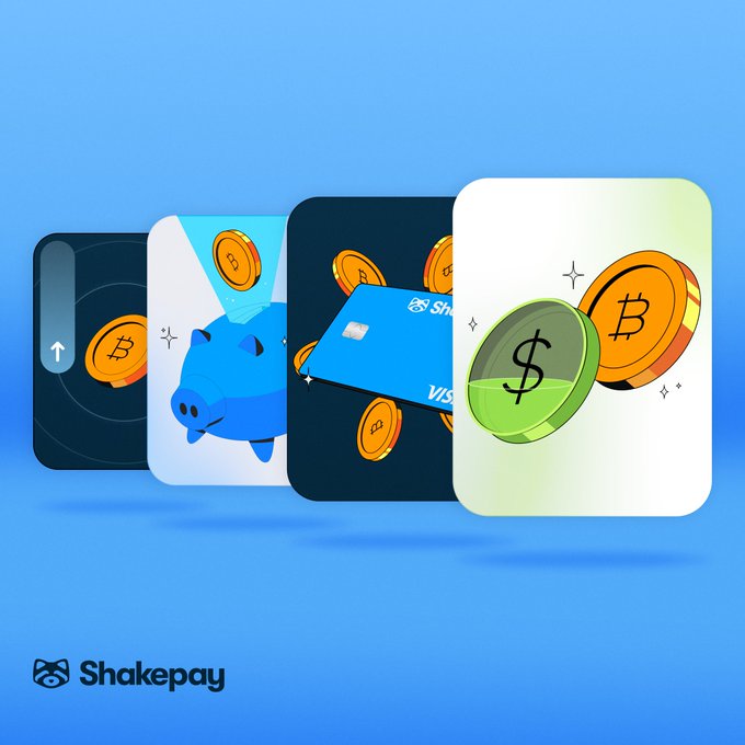 Shakepay's promotional image showcases four app cards featuring Bitcoin and dollar coins, a piggy bank, and a blue Visa debit card, teasing a week of four launches. The cards visually preview the upcoming announcements, including a Bitcoin-inspired promo, a "Do Not Disturb" money mode, an upgraded blue card, and a new way to unlock Bitcoin.
