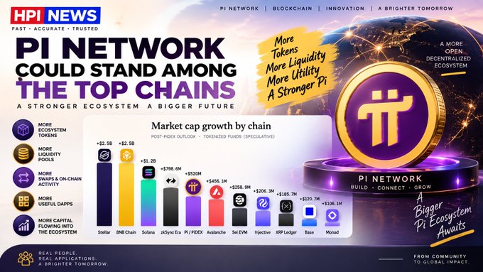 An HPI News promotional graphic titled 'PI NETWORK COULD STAND AMONG THE TOP CHAINS', displaying a bar chart of market cap growth by chain featuring Stellar, BNB Chain, and Solana, alongside a large gold Pi Network coin.