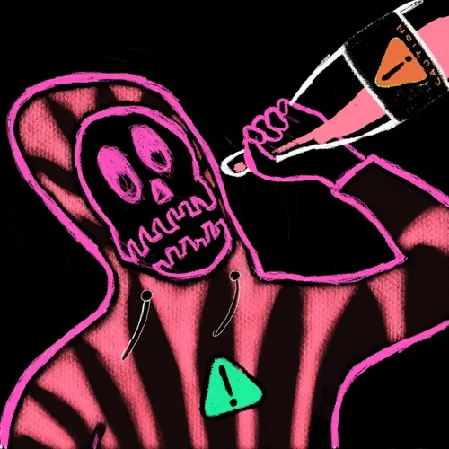 A stylized pink illustration of a grim reaper figure writing in a notebook with a fountain pen, featuring a green warning triangle with an exclamation mark.