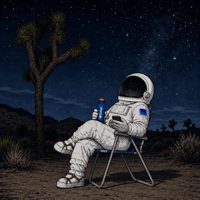 An astronaut relaxes in a desert chair under a starry night sky, holding a blue bottle labeled "base" while scrolling on a phone. The image captures the playful "base app and a dream" vibe—blending cosmic isolation with a casual, modern moment.