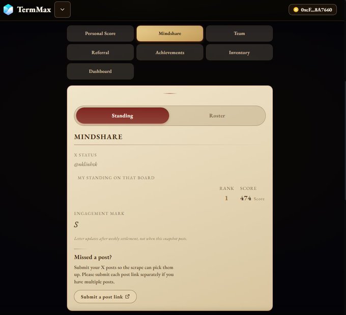 A web dashboard for 'TermMax' displaying a 'MINDSHARE' leaderboard for the X account '@aklinktok', showing a Rank of 1, Score of 474, and an 'Engagement Mark' of S.