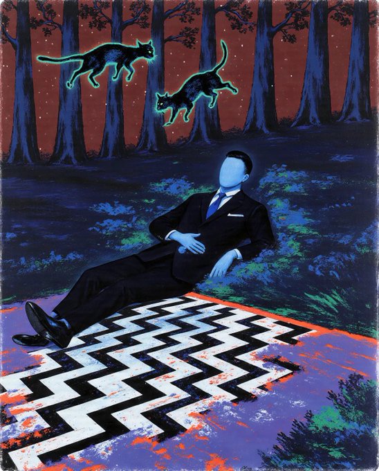 Surreal illustration of a blue-faced man in a suit reclining on a chevron-patterned rug in a forest with glowing blue cats.
