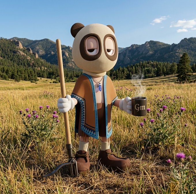 A 3D-rendered character with a panda-like knitted hat, sleepy eyes, and tribal-patterned robe holding a staff and a steaming mug labeled 'Gm' while standing in a grassy field with mountains in the background.
