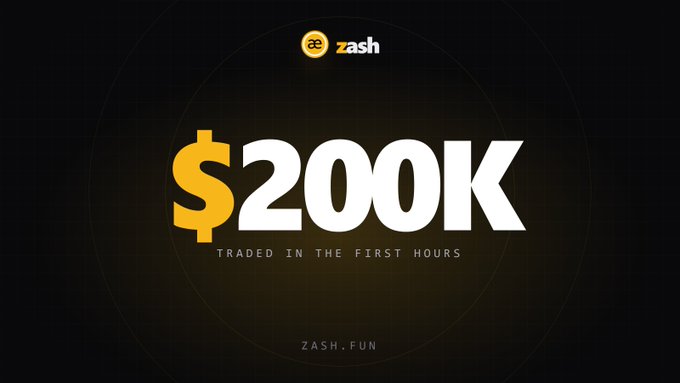 A dark promotional graphic for "zash" featuring the text "$200K TRADED IN THE FIRST HOURS" and "ZASH.FUN".