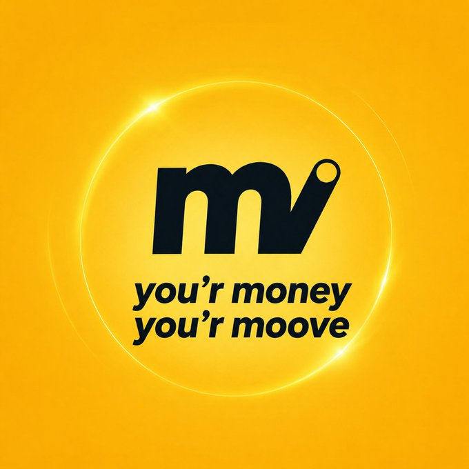 A bright yellow graphic with a logo 'mv' and the text 'you'r money you'r moove' inside a glowing circle.
