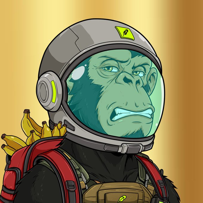 A digital illustration of a green monkey wearing a gray astronaut helmet and red backpack, carrying a bunch of bananas on a golden background.