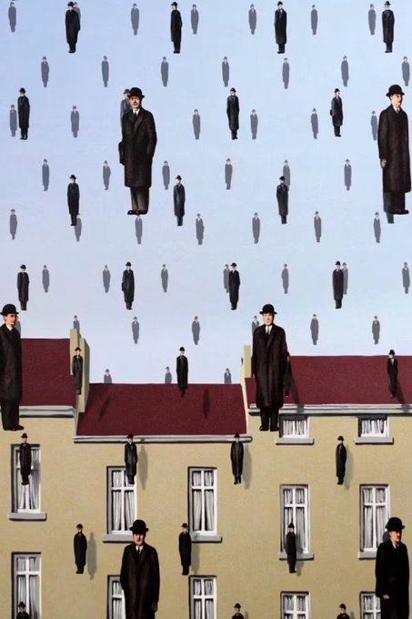 The image features a painting of people standing outside of tall buildings, with some individuals wearing suits and others dressed more casually. There are at least 14 people visible in the scene, each positioned at different heights and angles relative to the buildings. The art style is reminiscent of surrealism or dreamlike imagery, as it portrays a group of people floating above the cityscape. The post "GM" suggests that this artwork might be related to a specific genre or theme within the world of surrealism or dream-inspired artworks.

The painting's composition and use of color can evoke feelings of mystery and intrigue, inviting viewers to explore the scene further. The tall buildings in the background create an atmosphere of urbanity and human habitation, while the floating figures add a sense of whimsy and fantasy to the overall image.