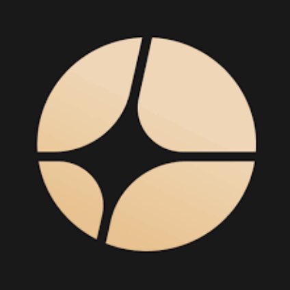 Abstract circular logo in beige and black featuring a four-pointed star design within a segmented circle.