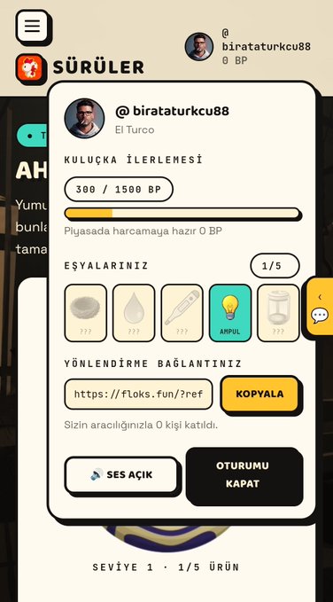 A mobile game interface in Turkish showing a player profile (@birataturkcu88) for the game 'Sürüler', displaying 300/1500 BP, items (including a lightbulb), and a referral link.