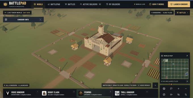 A screenshot of a game called 'BATTLEPAD' showing a 'KINGDOM INFO' view with a castle and surrounding fields, featuring navigation tabs like 'WORLD', 'BATTLES', and 'LEADERBOARD'.