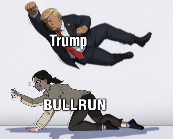 A cartoon illustration depicting Donald Trump labeled 'Trump' flying through the air in a punch, while a character labeled 'BULLRUN' cowers on the ground below.