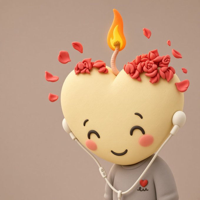 A 3D-rendered cute character with a heart-shaped head filled with red roses, a lit fuse on top, and a stethoscope around its neck against a beige background.