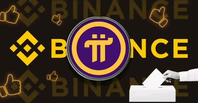 A promotional graphic featuring the Pi Network coin logo prominently displayed alongside the Binance logo and name, with thumbs-up icons and a ballot box illustration symbolizing community voting on price predictions. The image complements the post's poll asking followers to predict Pi's price after a potential Binance listing, offering options ranging from $1 to $10.