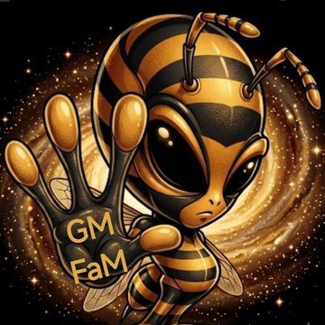 A stylized illustration of a bee-like alien character in a cosmic setting, wearing a glove labeled 'GM FaM' on its raised hand.