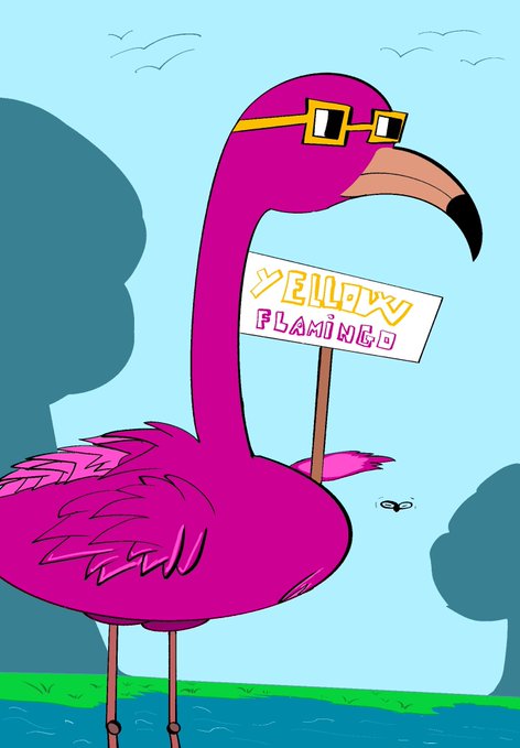 A cartoon illustration of a pink flamingo wearing sunglasses and holding a sign that reads 'YELLOW FLAMINGO', standing in water with a tree and sky background.
