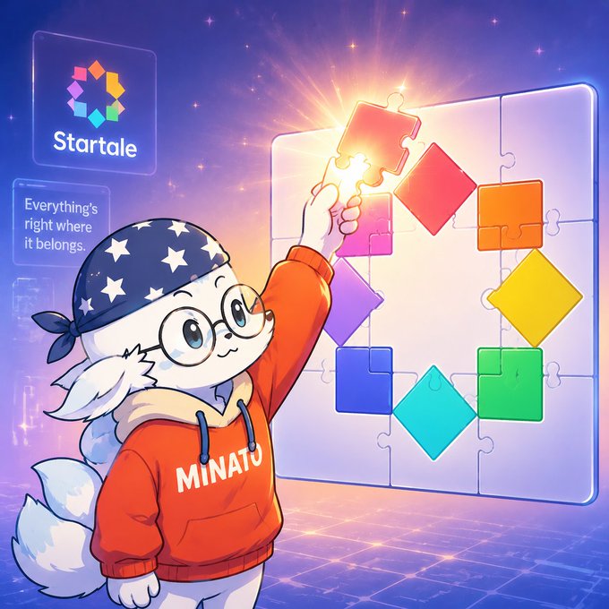 A cute mascot wearing a red "MINATO" hoodie and star-patterned bandana places a glowing puzzle piece into a colorful jigsaw, with a floating "Startale" logo and text reading "Everything's right where it belongs." The image visually represents the post's theme of Startale completing the puzzle by integrating NFT visibility, making the platform feel whole and accessible for everyday users.