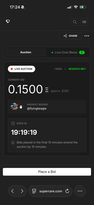 A live auction screen shows the current bid at 0.1500 ETH (approx. $280), with @flyingbeagle as the highest bidder and 19:19:19 remaining before the auction ends. The image matches the post, displaying the same 0.15 ETH bid and roughly 19.19 hours left in the auction.
